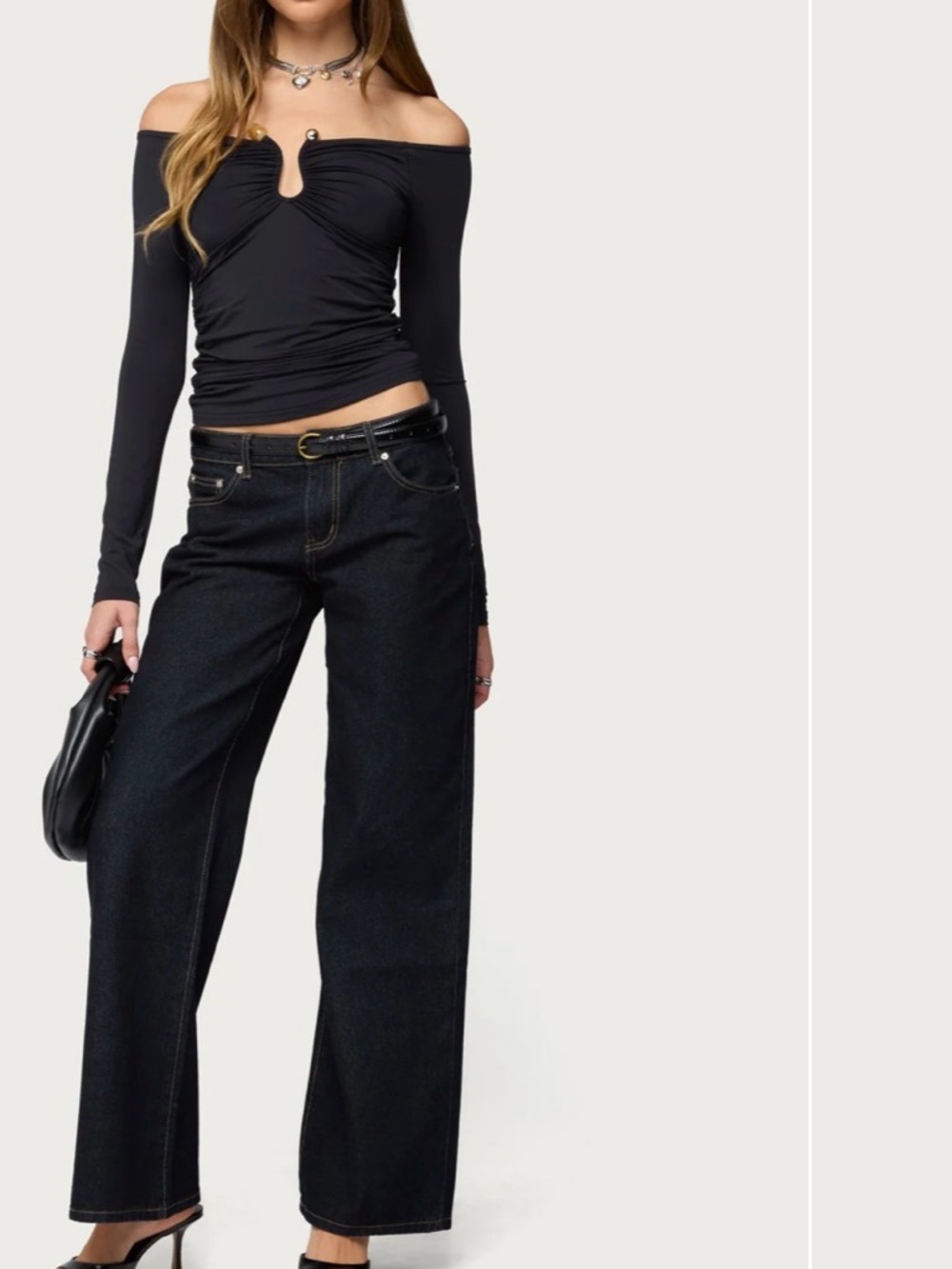 Halle Edikted Black Off-Shoulder Ruched Long Sleeve Top with Decorative Ring - Picture 2 of 3